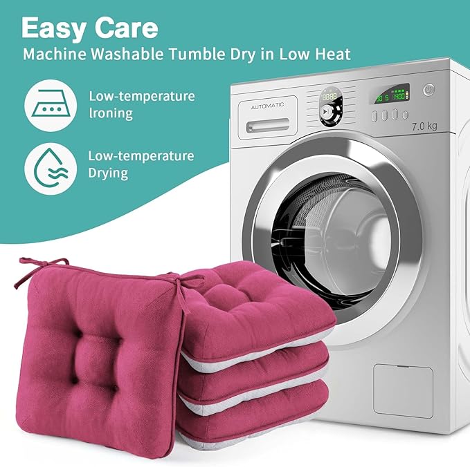BETU Chair Cushions for Dining Chairs Set of 6,3.5" Thick Kitchen Table Chair Pads with Ties,Non Slip Backing and Covers, Seat Cushion for Dining Room,Bar,Patio Chairs,16"X16"X3.5",Hot Pink