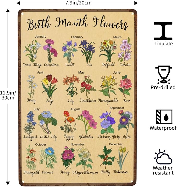 Birth Month Flower Garden Gifts Vintage Metal Tin Sign Retro Rustproof Funny Art Wall Decor Gift for Home Greenhouse Living Room Bedroom Yard Cottage Outdoor 8x12 Inch