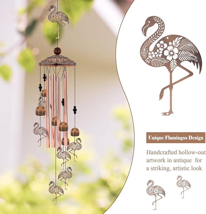 Flamingo Wind Chimes for Outside, Metal Flamingo Gifts for Women/Mom, Birthday Memorial Windchimes Outdoors, Retro Garden Decor for Outside Patio Yard, Unique Bird Lover Decorations