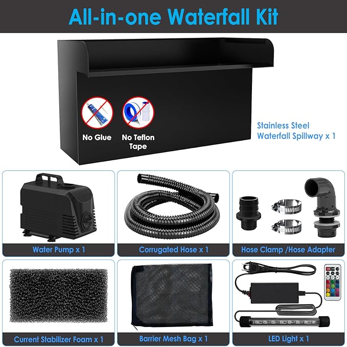AquaMiracle All-in-1 Pond Waterfall Kit with LED Lights, 12" Stainless Steel Spillway with 660GPH Water Pump, Lighted Waterfall Fountain Outdoor for Water Garden, Backyard, Pool
