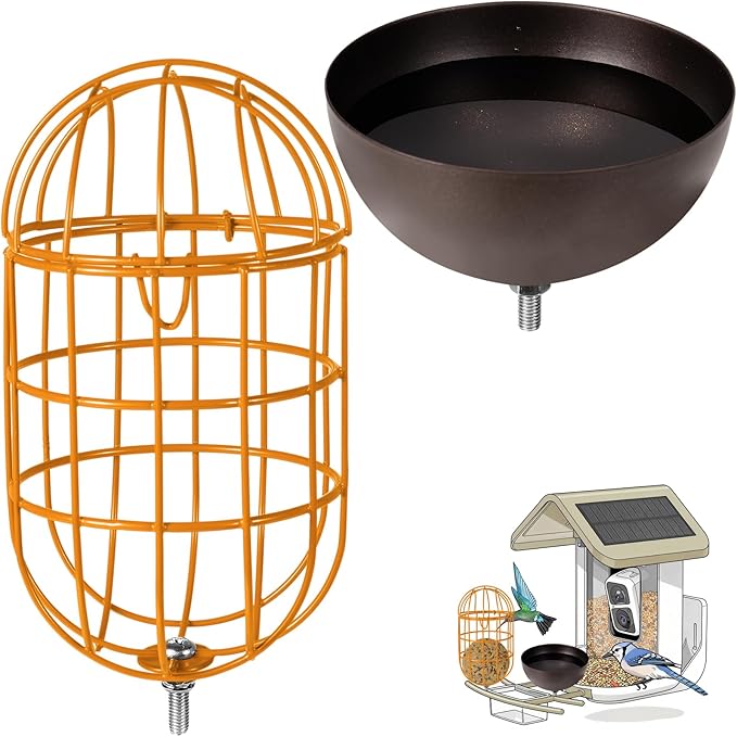 Metal Suet Ball Holder + Water Bowl Set for Birds - Compatible with Most Outdoor Smart Feeders - Oval-Shaped Suet Ball for Outdoors - Bird Feeder Replacement Parts with 5mm Screw (Orange)
