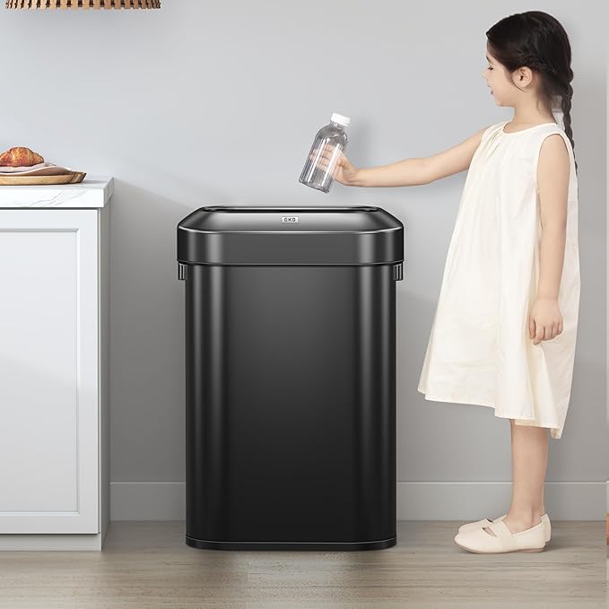 EKO Urban 16 Gallon/60 Liter Open Top Stainless Steel Slim Commercial Trash Can, Tall Kitchen Trash Bin, Heavy-Duty Commercial Grade Large Garbage Bin for Home, Office, Hotel, Restaurant, Matte Black