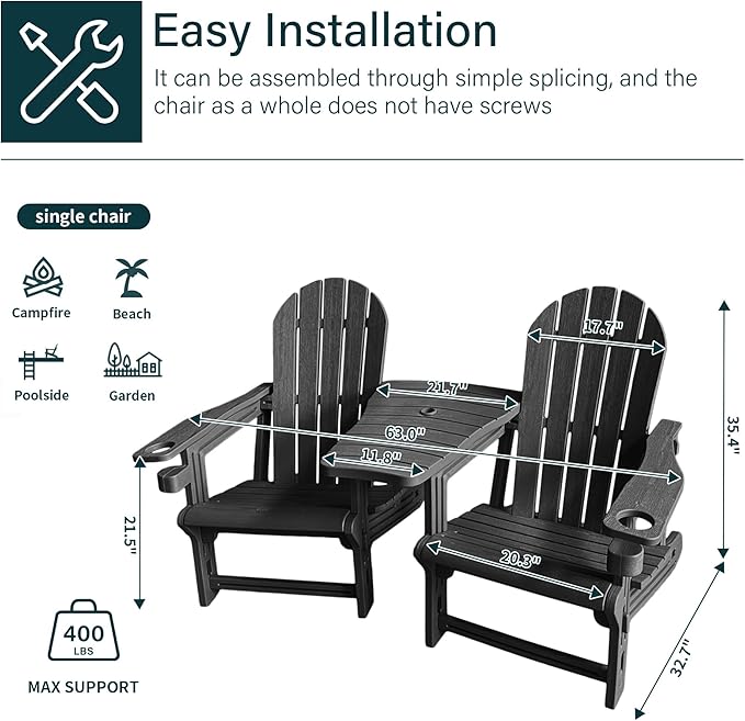 All Weather Plastic Adirondack Chairs, Fire Pit Chairs with Cup Holder, HDPE Outdoor Lawn Chair for Garden, Patio,Porch,Backyard, Black Double Chair