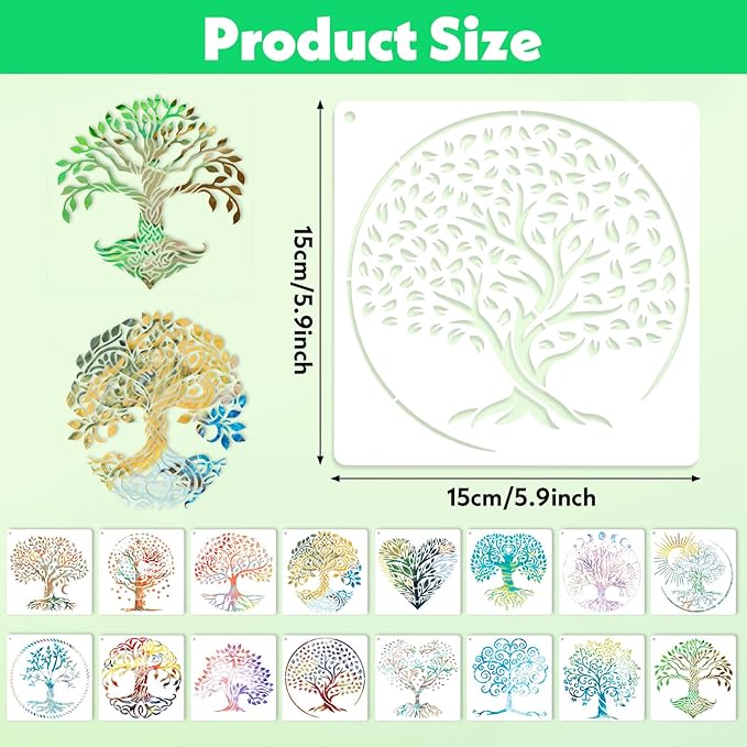 Tree of Life Stencils, 16 PCS 6x6 Inch Plant Reusable Plastic Paint Templates for Painting on Wood, Trees Stencils Set for Spraying Rock Canvas Drawing Art Fabric Tile Home DIY Craft Decoration