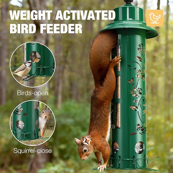 Veehoo Squirrel Proof Bird Feeders for Outdoors, Hanging Wild Bird Feeder Anti Squirrel with Weight-Activated Perches, Metal Cardinal Finch Feeder Outside Decorative for Thistle and Mixed Seed, Green