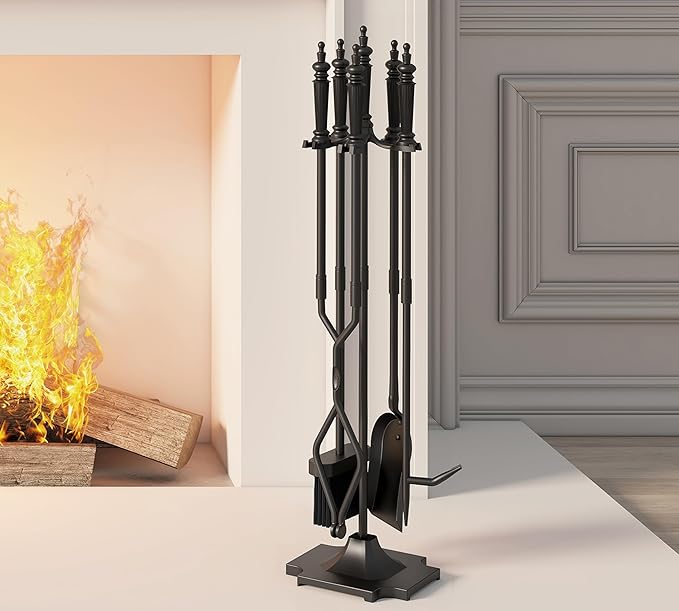 5-Piece Fireplace Tools Set 32.5In Cast Iron Indoor & Outdoor Fireside Accessories Includes Stand, Shovel, Brush, Tong, and Poker