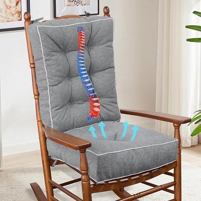 YZ HOME Rocking Chair Cushion, Set of Thicken Seat & Back Chair Cushions with Memory Foam, Non-Slip Chair Pad with Ties for for Indoor&Outdoor Rocker, Light Grey, 28 * 18 * 5/18x18x5