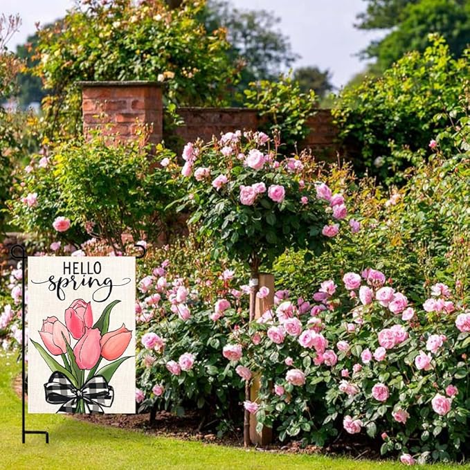 DIYDEC Spring Garden Flag 12x18 Inch Vertical Double Sided Burlap Spring Tulip Flowers Design Hello Spring Flag for Outdoor Yard Garden Seasonal Holiday Farmhouse Spring Summer Decoration