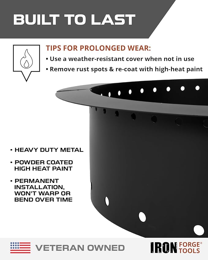 Iron Forge Tools Smokeless Firepit - 36 inch Outer/30 inch Inner Round Fire Ring Insert Liner - Heavy Duty Metal Permanent Outdoor Fire Pit Ring (36x30x10) Utility Patent Pending