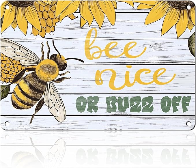 Bee Nice or Buzz Off Decor Sign Vintage Metal Tin Sign Country Farmhouse Decor Home Decor Rustic Farmhouse Decorations for The Home 12x16inch