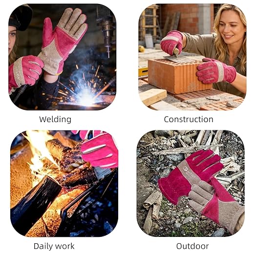 Leather Work Gloves for Women with Cotton Lining, Thorn Proof Gardening Gloves for TIG/MIG Welding, Construction (Rose Red, X-Small)