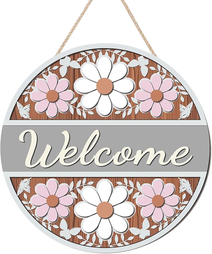 CHDITB 3D Flower Welcome Front Door Sign (12''x12''), Farmhouse Daisy Wooden Cutout Door Decor, Rustic Carved Welcome Spring Wall Hanging for Porch Garden Fence Flower Shop Decoration