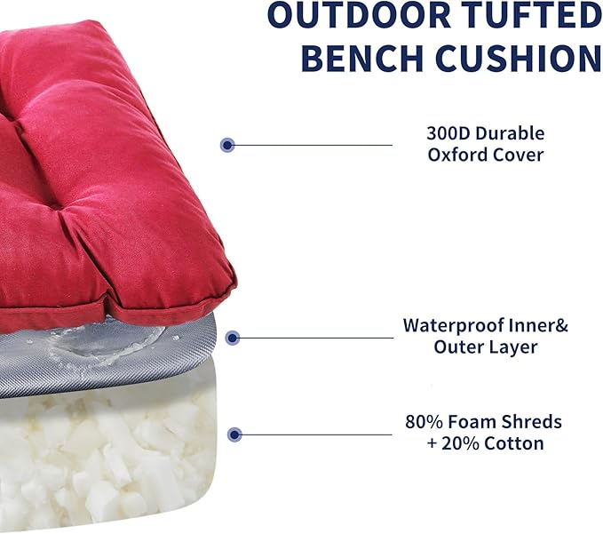 Outdoor Bench Cushion, 59x18x5 Inch, Waterproof Bench Cushion for Outdoor/Indoor Furniture, Tufted Patio Bench Seat Cushion, Fade Resistant Outdoor Cushions for Porch Swing Couch, Burgundy