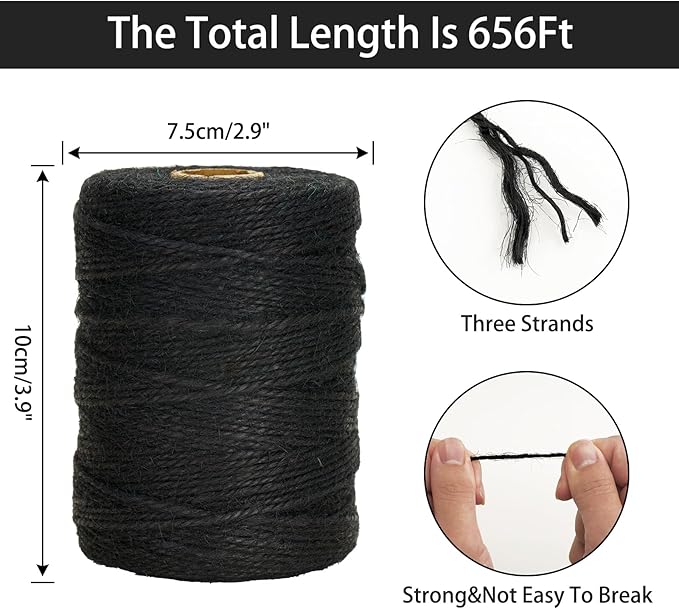 Anwyll 656Feet Black Twine String - 2MM Thick Natural Jute Twine String Heavy Duty Industrial Packing Materials String for Crafts Gardening Gift Wrapping Balloon Halloween Thanksgiving Christmas Decor