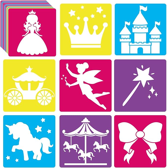 36pcs Princess Drawing Stencils 8 Inch Sidewalk Chalk Stencils Painting Large Washable Reusable Garden Theme Princesses Fairies Primary Shape Template