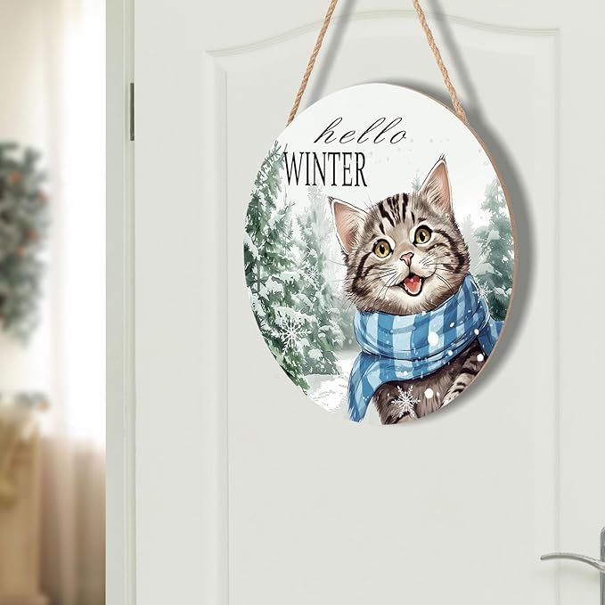Hello Winter Cute Cat Door Sign For Front Door Decor,Green Pine Tree White Snowflakes Wooden Sign 12"x 12" Round Wood Hanging Door Sign Christmas Decoration for Wall Rustic Porch Decor