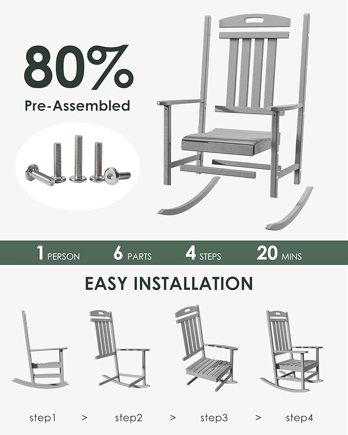 Outdoor Rocking Chair, All-Weather Resistant Poly Lumber Rocker Chair Outdoor, High Back Plastic Patio Rocking Chairs for Outside Porch Rocker Garden Lawn, Slate Grey