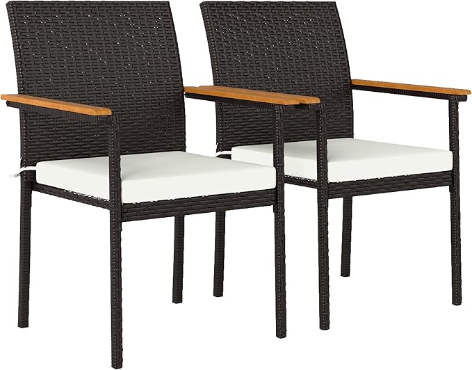 Outsunny Wicker Outdoor Dining Chairs Set of 2, Stackable PE Rattan Patio Dining Chairs with Cushions and Acacia Wood Armrests for Deck, Garden, 353 LBS Capacity, Cream White