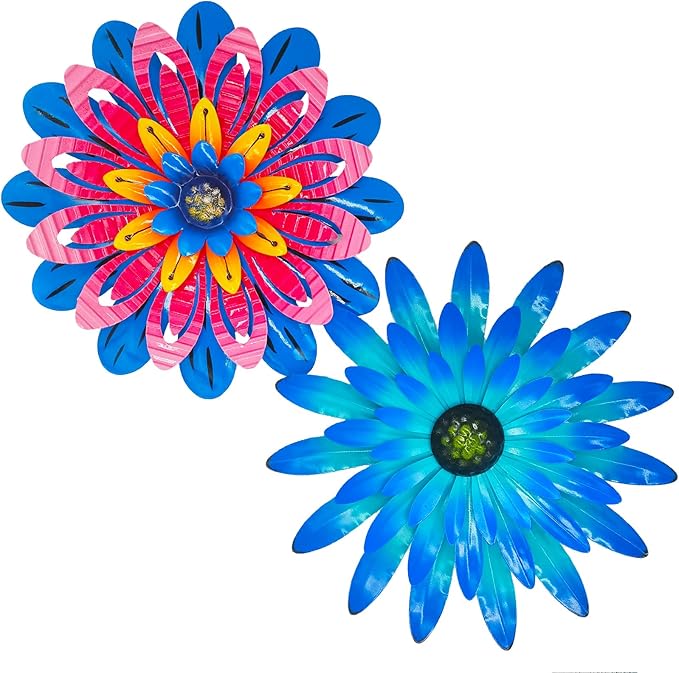 2PCS 12 Inch Metal Flower Wall Decor - Blue and Red, Vibrant Rustic Modern Hanging Art Sculpture - Decoration for Farmhouse, Fence, Patio, Living Room - Kitchen and Bathroom Art Wall Decor
