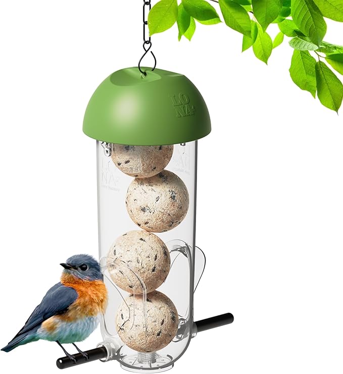 LONA Suet Ball Bird Feeder Outdoor Hanging Fat Ball Feeders with Versatile Mount Durable Weatherproof Washable Transparent Tube Wire Steel Metal Feeder for Wild Birds