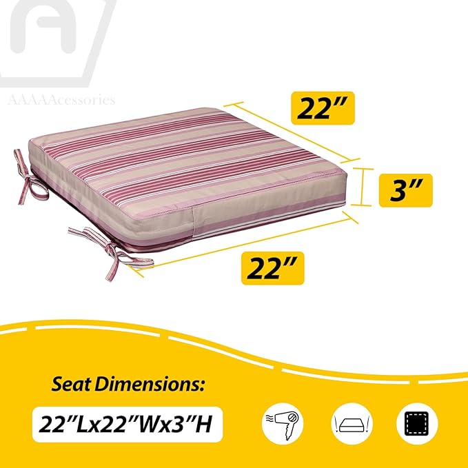 AAAAAcessories Outdoor Seat Cushions for Chairs, Waterproof, Fade-Resistant, 22" x 22" x 3", Patio Furniture Replacement Cushions, Set of 2, Dusty Rose Garden Stripe