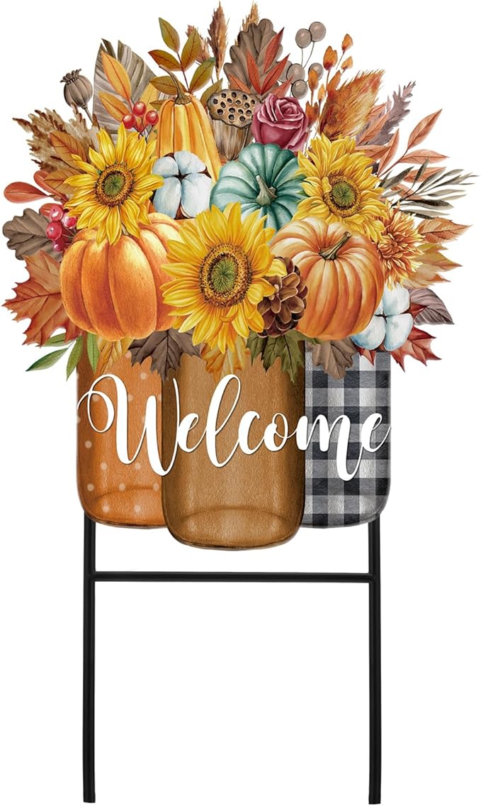 Amyhill 1 Pcs Outdoor Decor Garden Stakes 25 Inch Welcome Yard Signs Decorations Outdoor Decorative Garden Stakes Decorations Patio Lawn Walkway (Fall)