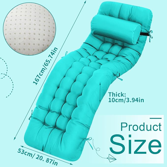 Tudomro 2 Pcs Peacock Blue 66'' Outdoor Chaise Lounge Cushion Waterproof Patio Lawn Pool Chaise Lounge Cushion with Headrest Pillow & Ties Weather Fade Resistant Replacement Longue Chair Pad
