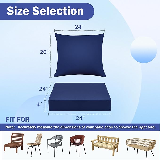 Outdoor Seat Cushion Set, Waterproof & Fade Resistant Patio Chair Cushions, Outdoors Cushion for Patio Furniture, 24 x 24 x 4 Inch, Outdoor Couch Cushions with Handle and Ties, Navy Blue