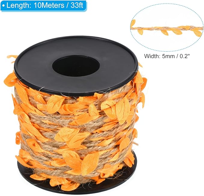 PATIKIL 33ft 5mm Burlap Leaf Ribbon, Braided Decoration Vine Natural Jute Rope Twine with Artificial Leaves for Jungle Wedding Party Home Garden Decor, Orange