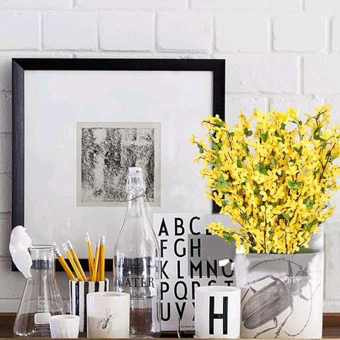 6 PCS 25.5" Fake Flowers Yellow Flower Silk Artificial Forsythia Branches Long Stem Spring Flowers Artificial for Decoration Indoor Outdoor Wedding Home Bedroom Yard Cemetery