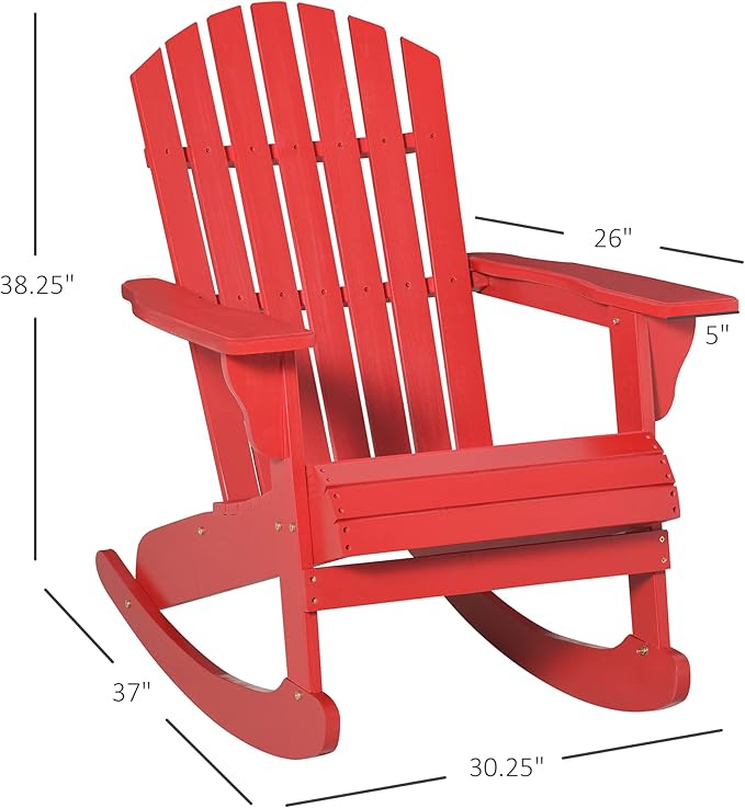 Outsunny Wooden Adirondack Rocking Chair Outdoor Lounge Chair Fire Pit Seating with Slatted Wooden Design, Fanned Back, & Classic Rustic Style for Patio, Backyard, Garden, Lawn, Red