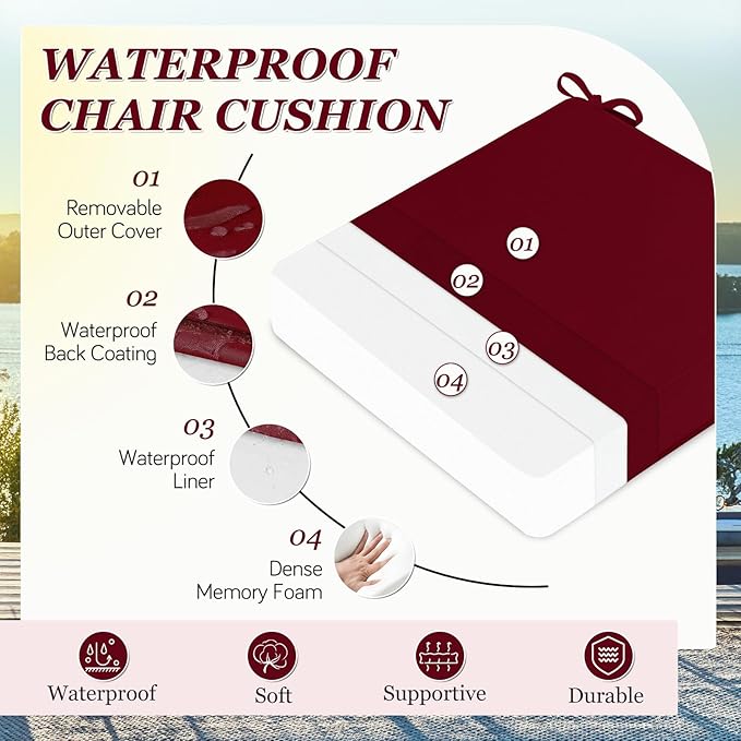 Waterproof Outdoor Chair Cushions Set of 2, Square Outdoor Seat Cushions with Ties and Removable Covers, 24 x 24 Outdoor Cushions for Patio Furniture with Portable Handle(Burgundy)