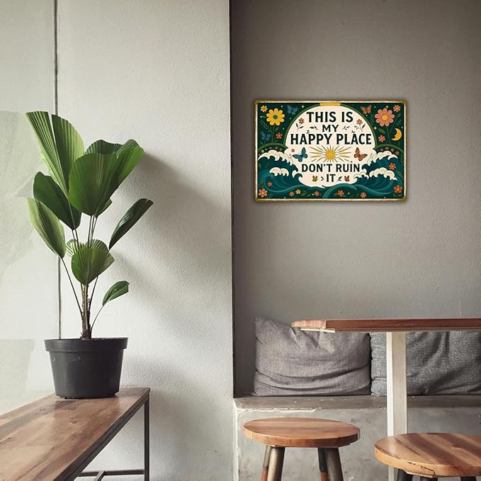This is My Happy Place Sign – Vintage Metal Tin Wall Art 8x12 Inch – Funny Garden or Home Decor for Fence, Kitchen, or Bedroom – Farmhouse Happy Place Welcome Sign for Outdoor or Indoor Use