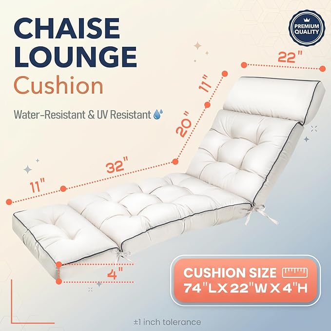 MAGIC ELEPHANT Chaise Lounge Cushion Outdoor, Memory Foam Patio Lounge Chair Cushion with Ties for Indoor Outdoor Furniture, Water-Repellent Replacement Long Chair Cushion (Antique White)