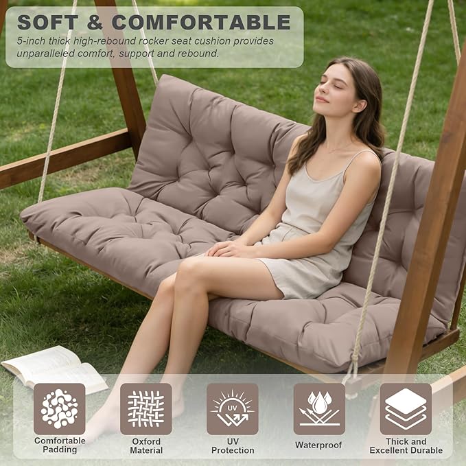 Porch Swing Cushions,Outdoor Cushions 3 Seater Replacement with Backrest, Waterproof Thickened Bench Cushion with Ties for Porch, Patio,Outdoor, Backyard and Garden (Khaki 47 * 40 in)