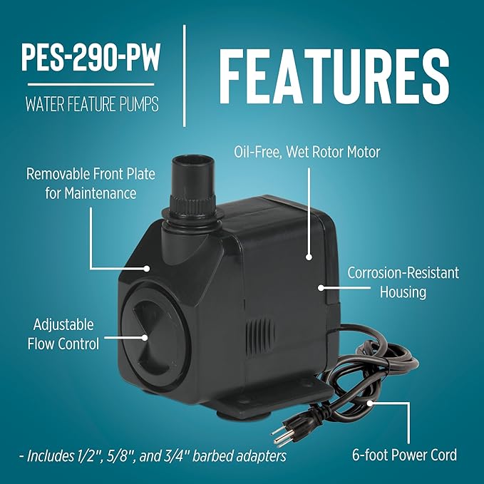 Little Giant PES-290-PW 115-Volt, 300 GPH Magnetic Drive Fountain/Pond Pump with 6-Ft. Cord, Black, 566717