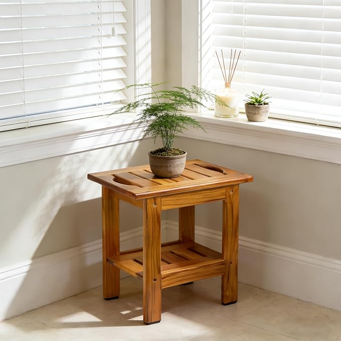 Utoplike Teak Shower Stool, Compact Shower Bench with Shelf & Handle, Foot Rest for Shaving Legs, 2-Tier Small Wooden Bath Seat with Non-Slip Feet for Bathroom, Bathtub, or Outdoor Use