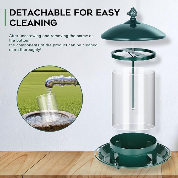 Metal Bird Feeders for Outdoors Hanging, Weather Resistant Wild Bird Feeder with 360 Degree Feeding Tray, Green