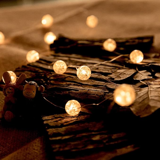 Globe String Lights for Bedroom, Decorative Lightning, Christmas Lights, Crystal Crackle Ball Lights 10Ft 30 LED Soft White Battery Operated Fairy Lights Perfect for Valentine's Day Decor