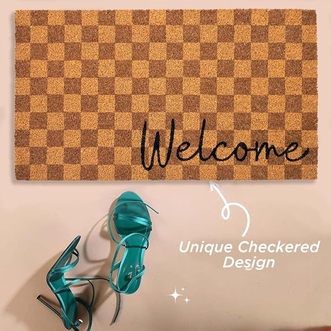 Folkulture Welcome Matt Outdoor | 16 x 28 Door Mats for Front Door Mat Outside Entrance | Eco Friendly | Welcome-Mats Cute | Checkered Coir Door Mats | Outdoor Decor for Home | Durable & Anti Slip