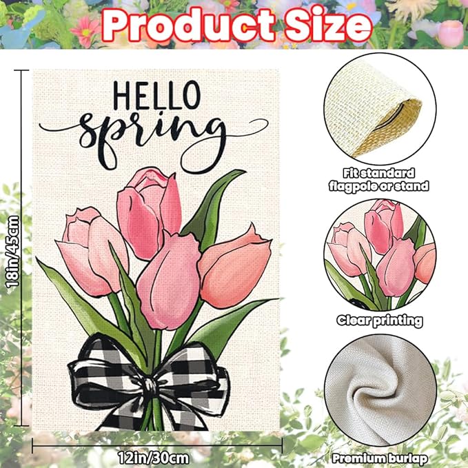 DIYDEC Spring Garden Flag 12x18 Inch Vertical Double Sided Burlap Spring Tulip Flowers Design Hello Spring Flag for Outdoor Yard Garden Seasonal Holiday Farmhouse Spring Summer Decoration
