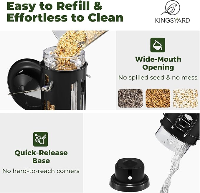 Kingsyard Squirrel Proof Bird Feeder for Outdoors Hanging, Metal Wild Bird Feeders with Removable Base and Baffle, Easy to Clean & Refill, 3 lbs Large Seed Capacity, Black