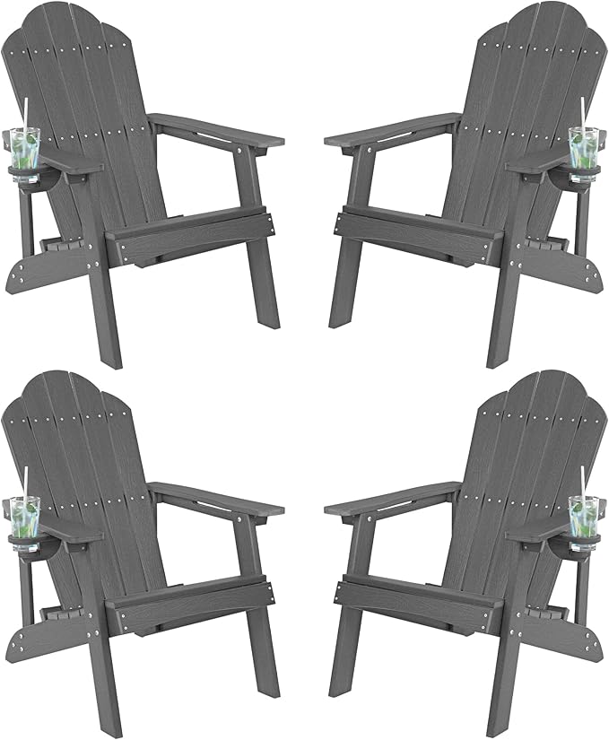 LUE BONA HDPE Adirondack Chair,Plastic Adirondack Chairs with Cup Holder Weather Resistant for Outdoor, Patio, Lawn, Garden, Backyard Deck, Fire Pit, Dark Gray