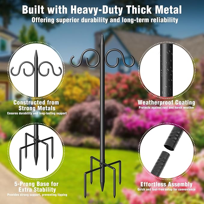Double Shepherds Hooks for Outdoor, 108 Inch Heavy Duty Bird Feeder Pole with 5 Prongs Base, Adjustable Shepherds Hook for Bird Feeder, Garden, Weddings, Hanging Plant, 1 Pack