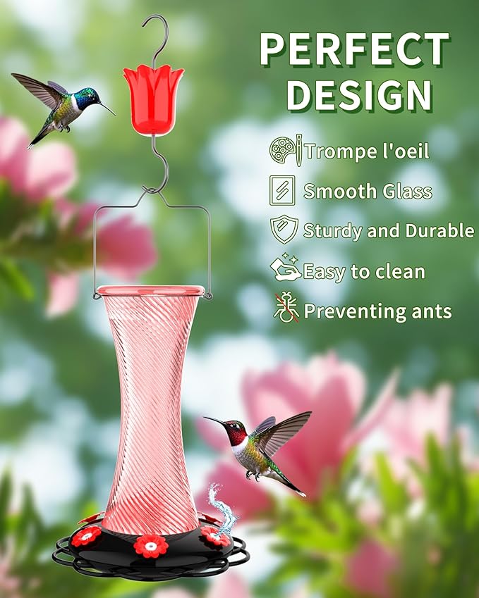Hanging 20oz Glass Hummingbird Feeder with Moat, Small Outdoor Plastic Bird Feeder, Squirrel Proof, Ants, Outside Water Dispenser for Garden (Pink Glass Bird Feeder)