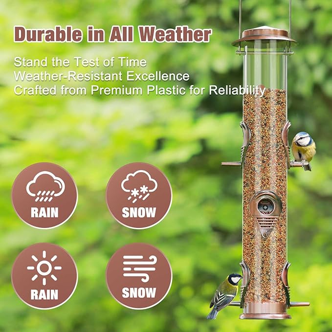 ERYTLLY Metal Bird Feeder for Wild Birds - 1.4mm Extra Thick Solid Transparent Tube With Steel Hanger, Squirrel Proof for Outside (Antique Copper-Metal 6 Feeding Ports)