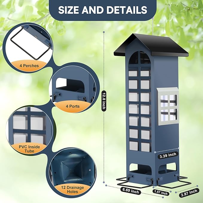 Squirrel Proof Bird Feeder,Metal Mesh Hanging Outdoor Bird Feeders with Weight Activated 2LB Capacity for Finch, Cardinal, Chickadee and Blue Jay-Blue