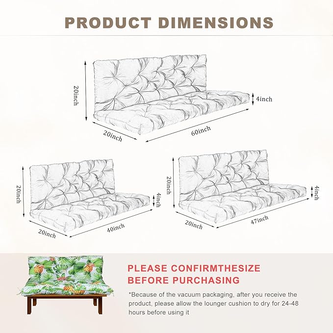 Porch Swing Cushion with Backrest,Waterproof Bench Cushion for Outdoor Furniture,2-3 Seater Replacement Thickened Swing Cushion with Ties,Patio,Outdoor,Backyard and Garden (Tropical Pineapple,47x40")