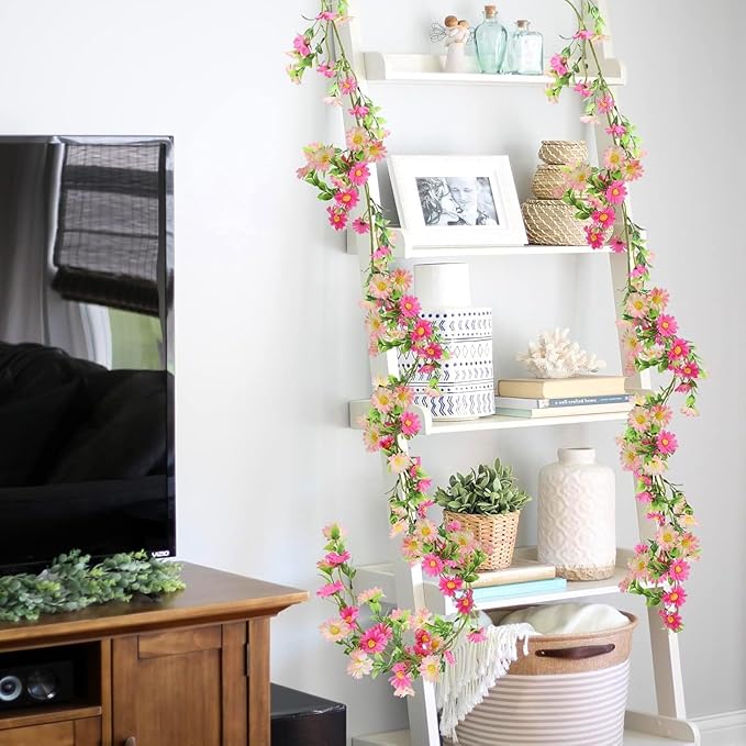 6.5ft Silk Flower Garland Pink Wildflower & Artificial Daisy Vine with 88 Blooms – Realistic Spring Floral Hanging Vines for Wedding Arch, Baby Shower, Party Backdrop, and Home Wall Decor
