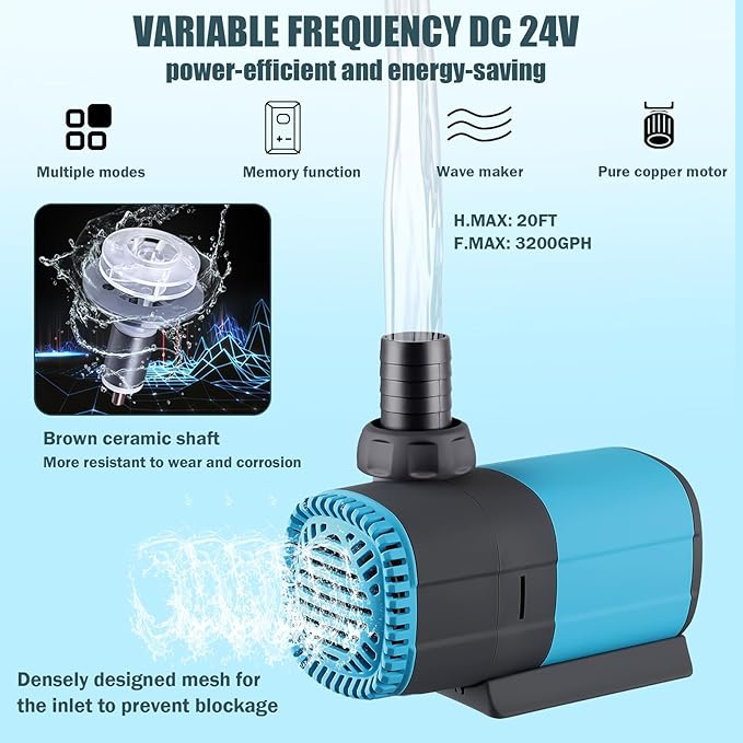 LYPHARD AQUARIUMS 3200GPH Submersible Water Pump 90W with Controller DC 24V, Adjustable High Lift 20FT Pond Pump for Fountain, Aquarium, Fish Tank, Hydroponics, Waterfall